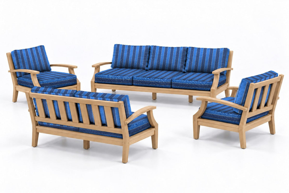 Mila Teak Outdoor Sofa & Loveseat Conversation Set – 4 Piece in Olefin Blue Stripe | Jr's Patio San Diego