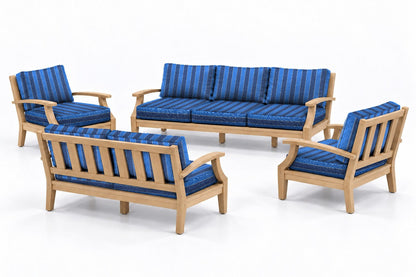Mila Teak Outdoor Sofa & Loveseat Conversation Set – 4 Piece in Olefin Blue Stripe | Jr's Patio San Diego