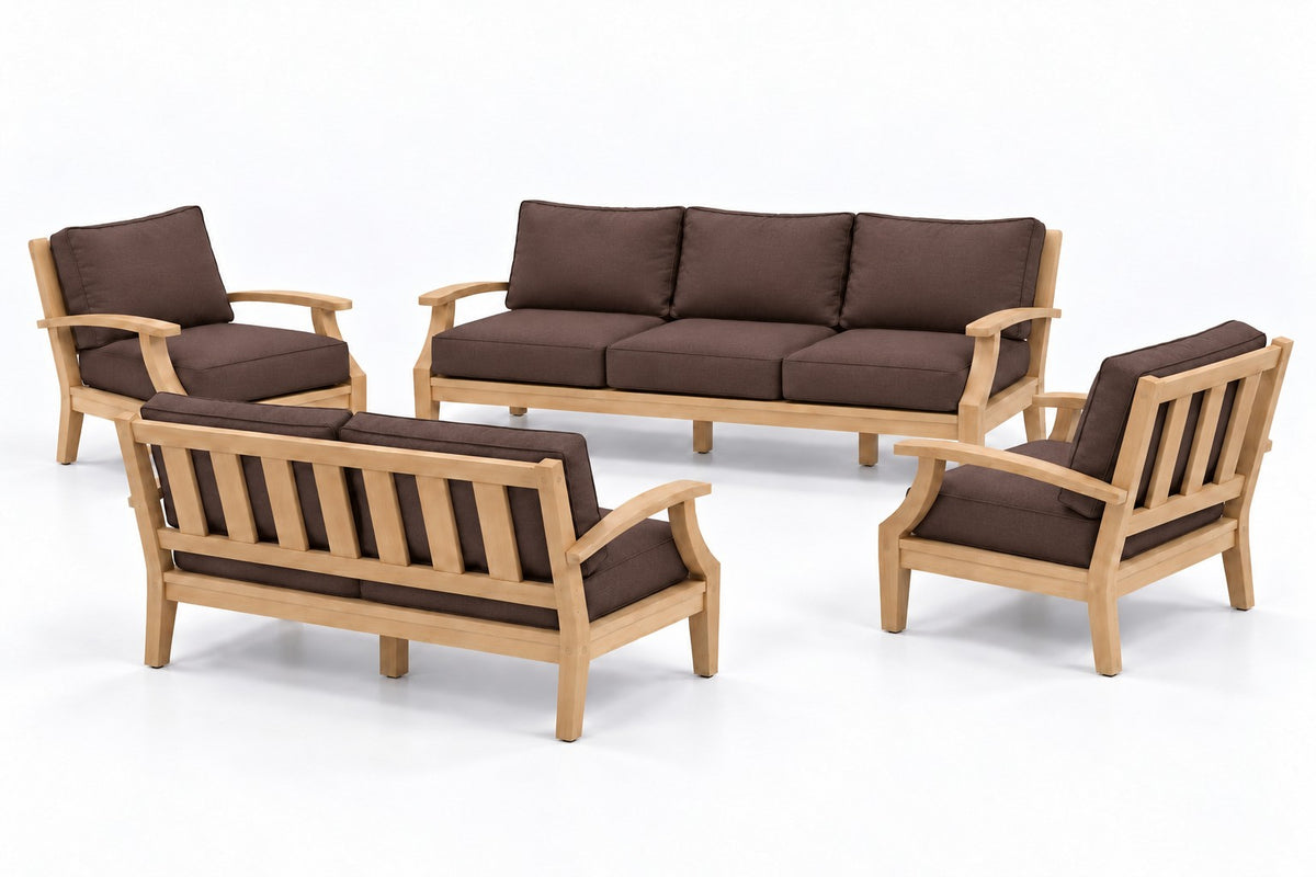 Mila Teak Outdoor Sofa & Loveseat Conversation Set – 4 Piece in Olefin Dark Brown | Jr's Patio San Diego