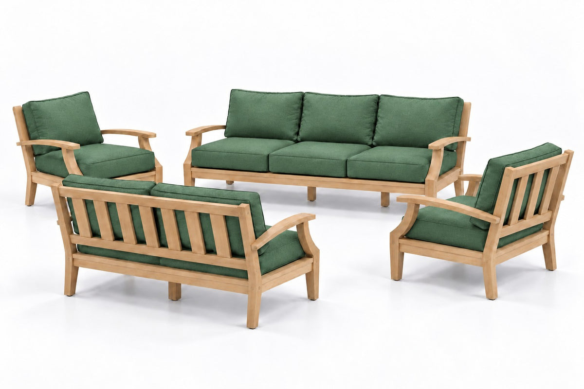 Mila Teak Outdoor Sofa & Loveseat Conversation Set – 4 Piece in Olefin Green | Jr's Patio San Diego