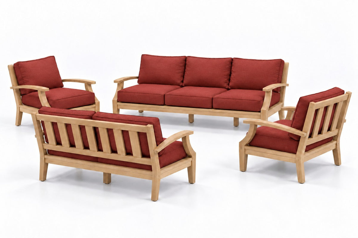 Mila Teak Outdoor Sofa & Loveseat Conversation Set – 4 Piece in Olefin Red | Jr's Patio San Diego