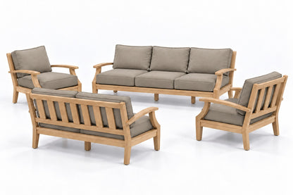 Mila Teak Outdoor Sofa & Loveseat Conversation Set – 4 Piece in Olefin Tan & Brown | Jr's Patio San Diego