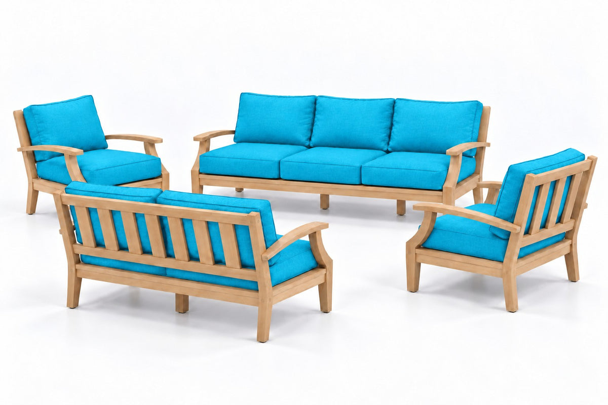 Mila Teak Outdoor Sofa & Loveseat Conversation Set – 4 Piece in Olefin Turquoise | Jr's Patio San Diego