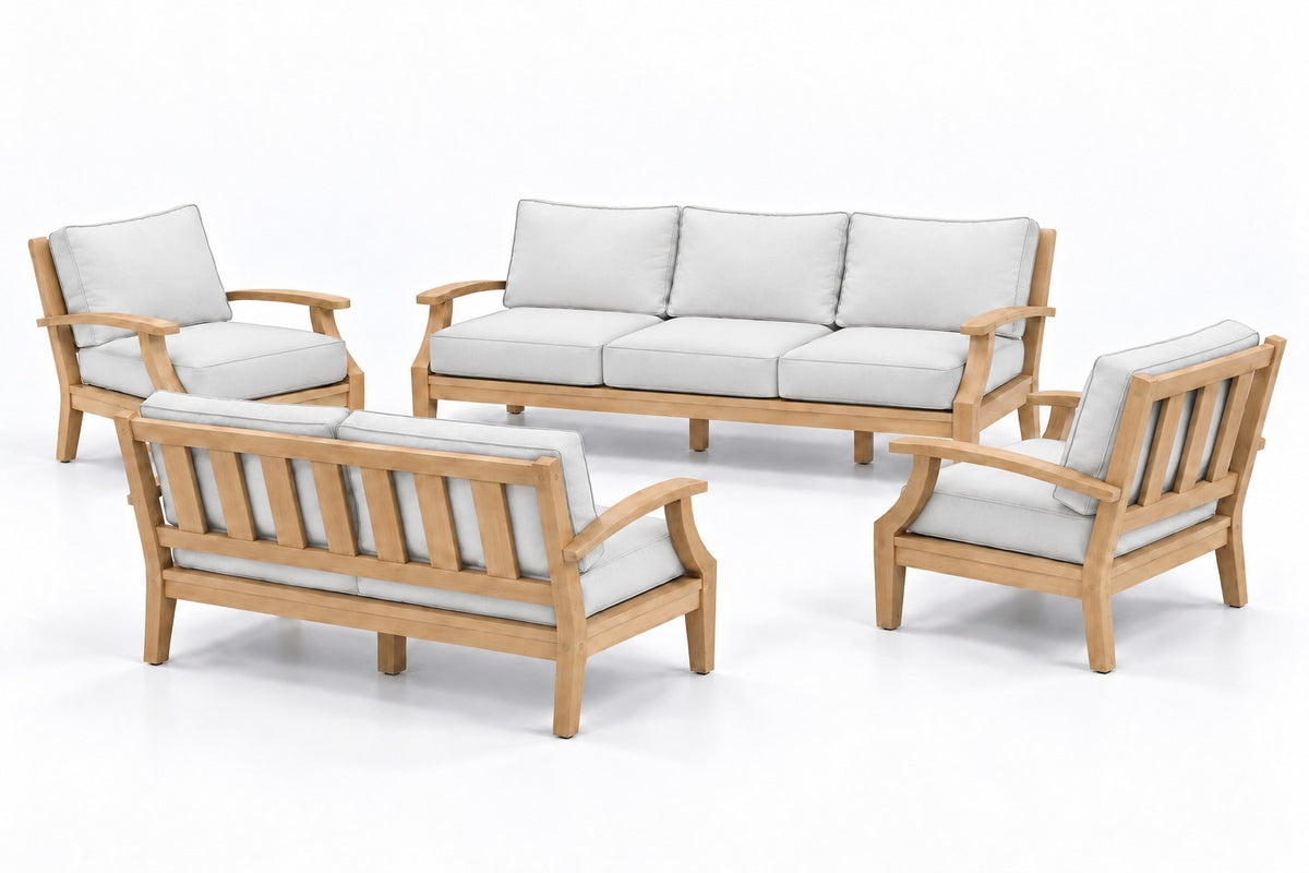 Mila Teak Outdoor Sofa & Loveseat Conversation Set – 4 Piece in Olefin White | Jr's Patio San Diego