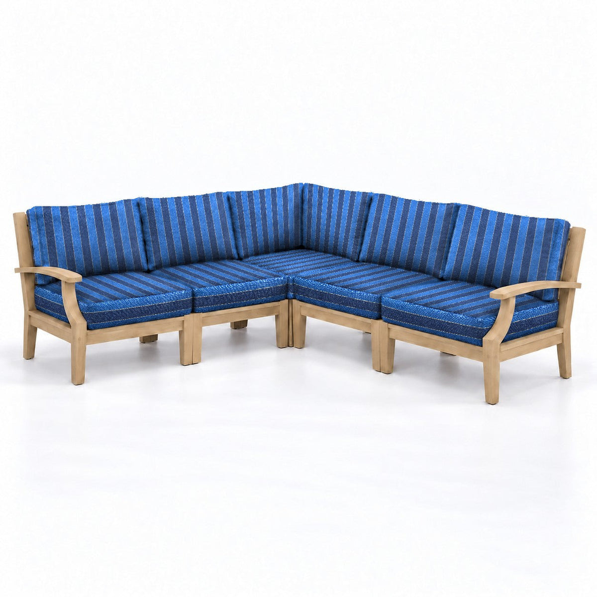 Mila Teak Outdoor Corner Sectional Set – 5 Piece in Olefin Blue Stripe | Jr's Patio San Diego