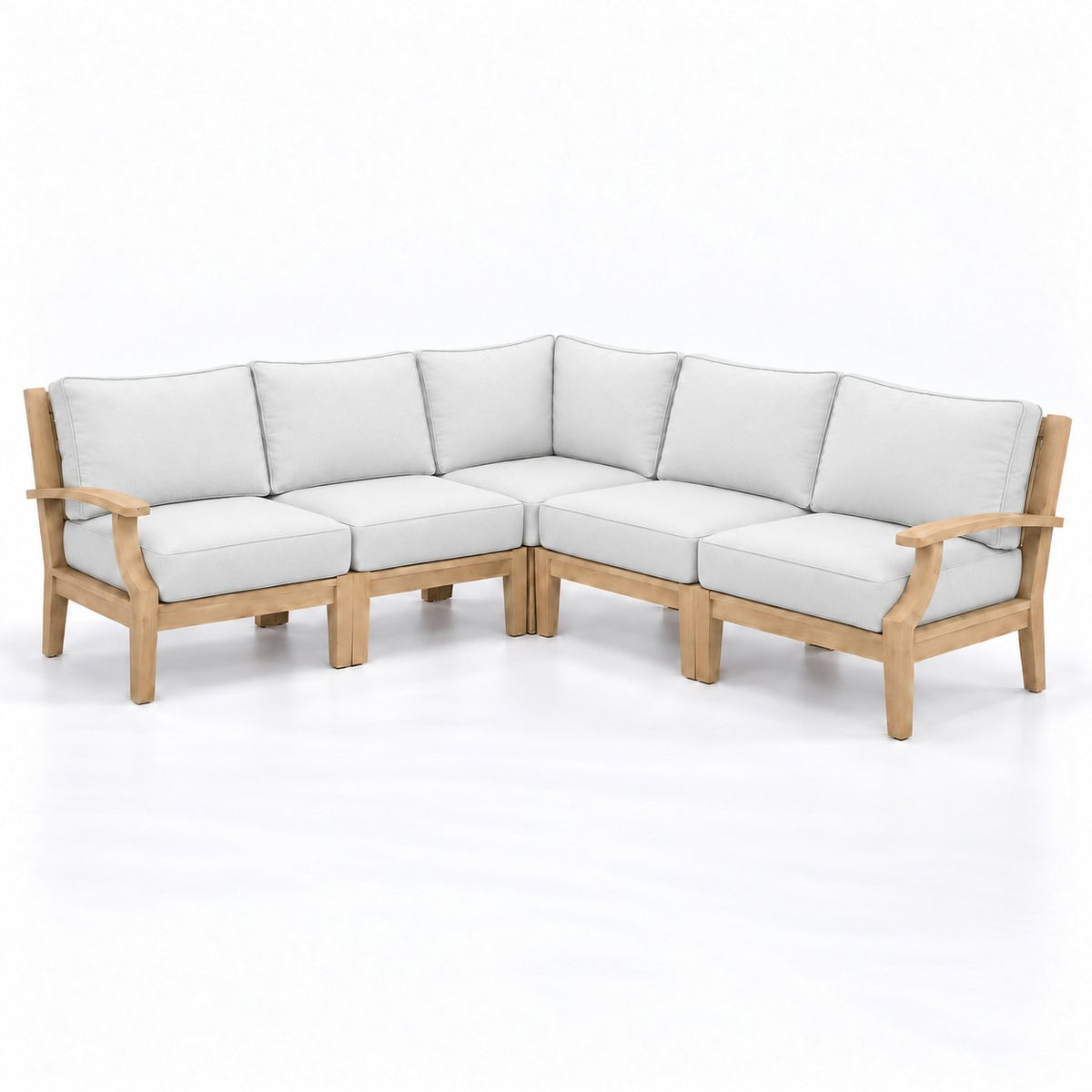 Mila Teak Outdoor Corner Sectional Set – 5 Piece in Olefin White | Jr's Patio San Diego