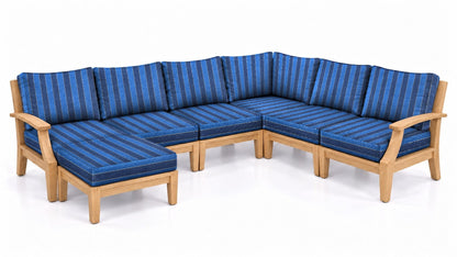 Mila Teak Outdoor Corner Sectional with Ottoman – 7 Piece in Olefin Blue Stripe | Jr's Patio San Diego