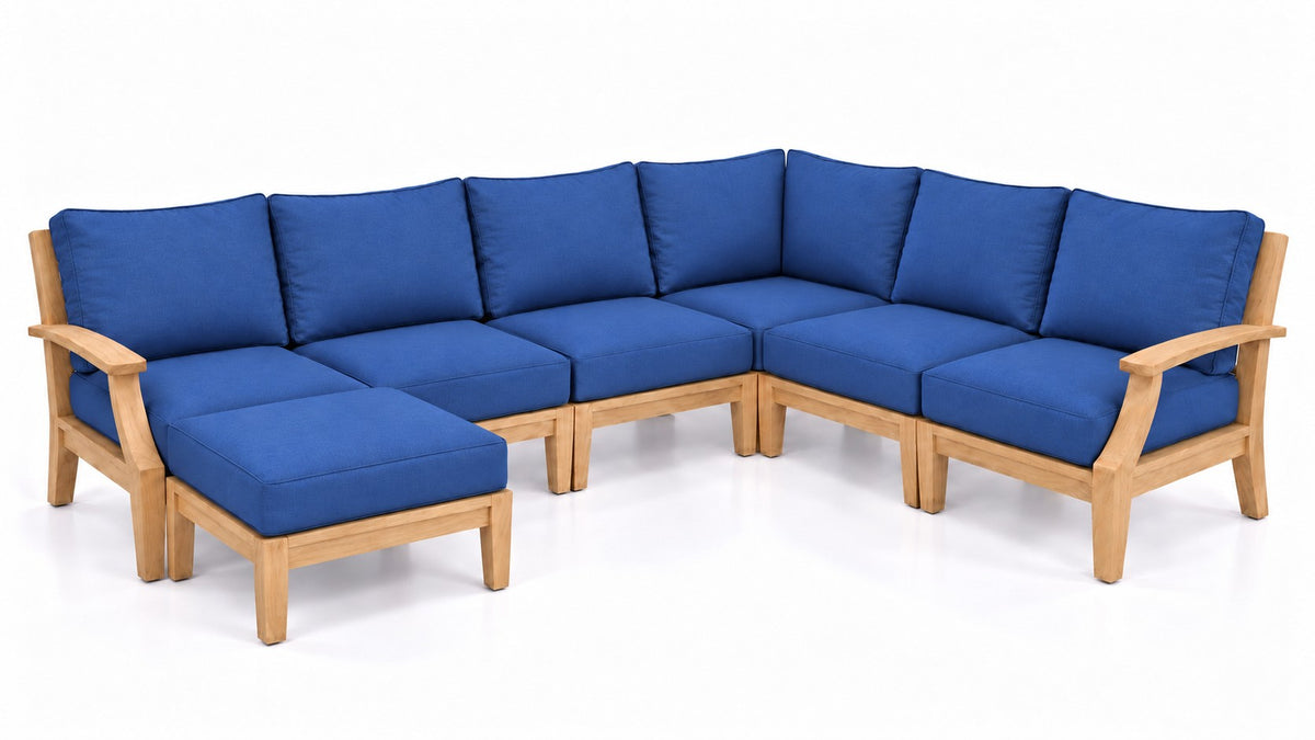 Mila Teak Outdoor Corner Sectional with Ottoman – 7 Piece in Olefin Blue | Jr's Patio San Diego