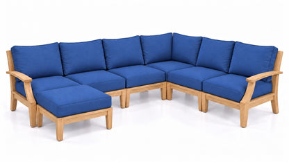 Mila Teak Outdoor Corner Sectional with Ottoman – 7 Piece in Olefin Blue | Jr's Patio San Diego
