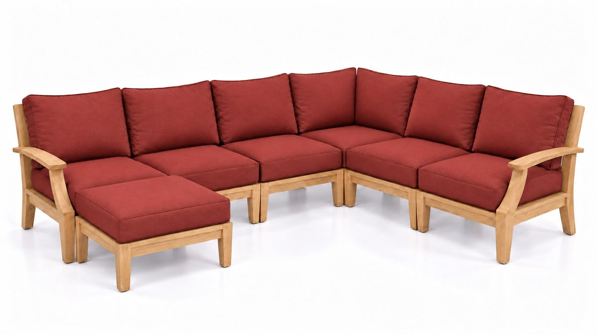Mila Teak Outdoor Corner Sectional with Ottoman – 7 Piece in Olefin Red | Jr's Patio San Diego