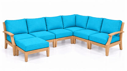 Mila Teak Outdoor Corner Sectional with Ottoman – 7 Piece in Olefin Turquoise | Jr's Patio San Diego