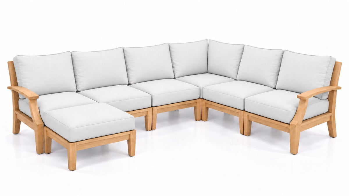 Mila Teak Outdoor Corner Sectional with Ottoman – 7 Piece in Olefin White | Jr's Patio San Diego