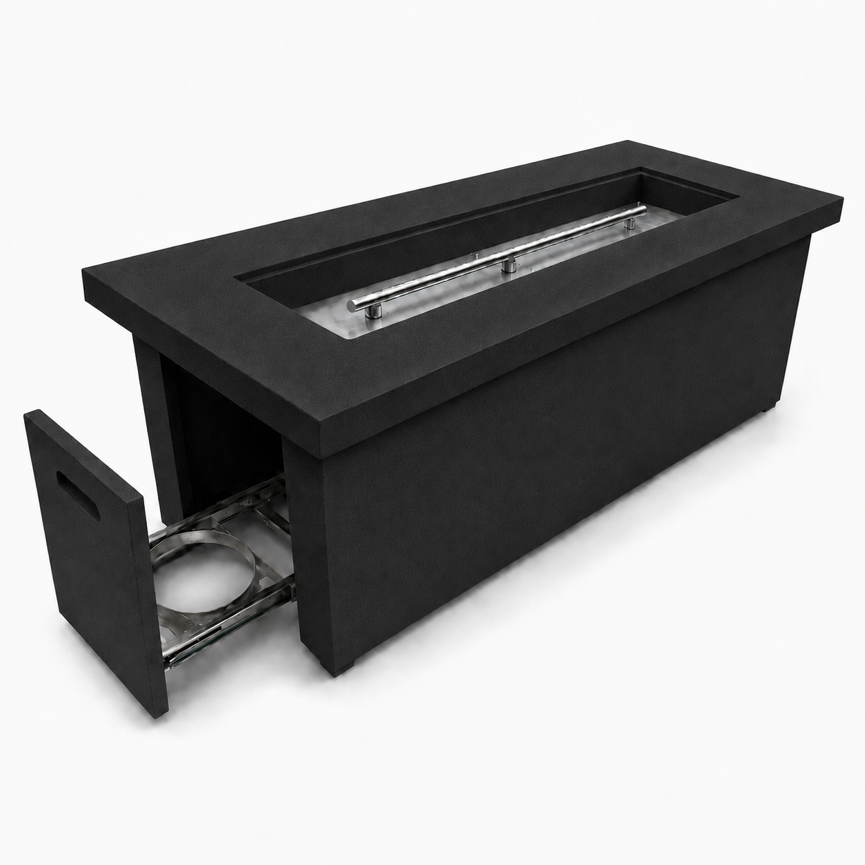 JRC60T Black concrete fire pit — hidden propane tank compartment | Jr's Patio