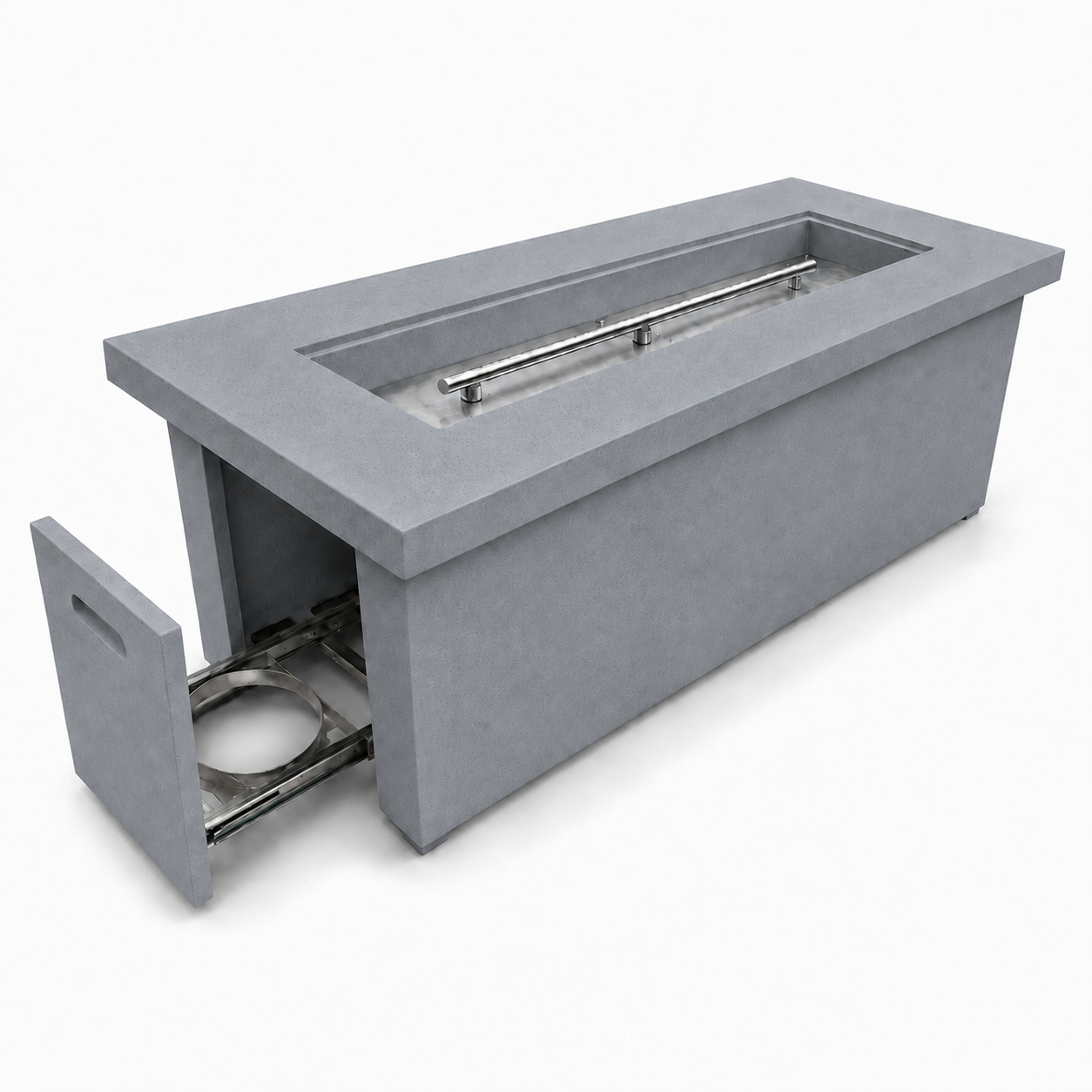 JRC60T Gray concrete fire pit — hidden propane tank compartment | Jr's Patio