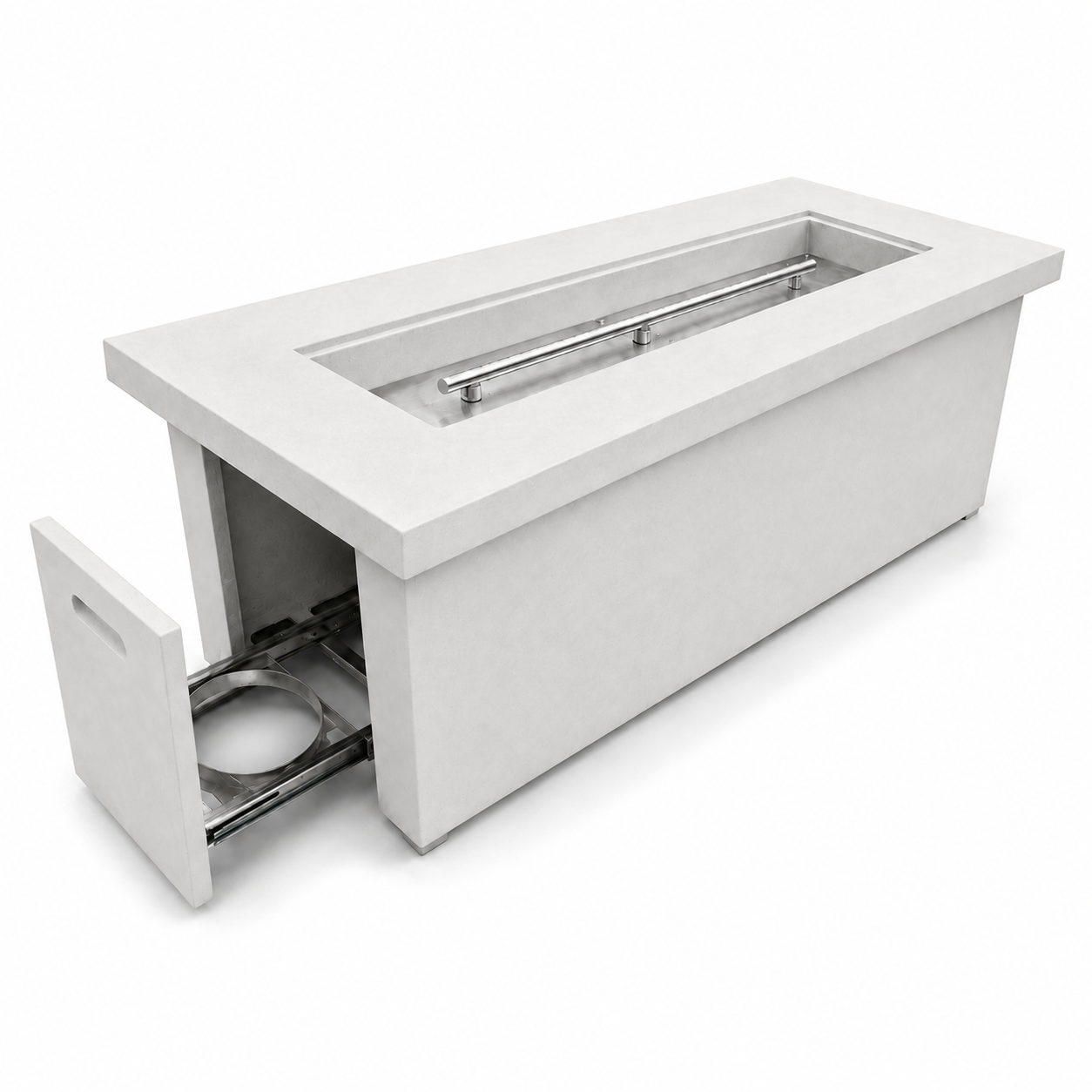 JRC60T White concrete fire pit — hidden propane tank compartment | Jr's Patio