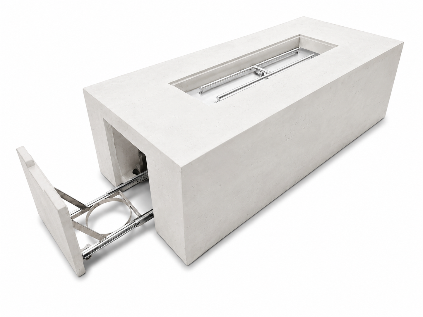 JRC72T White concrete fire pit — hidden propane tank compartment | Jr's Patio