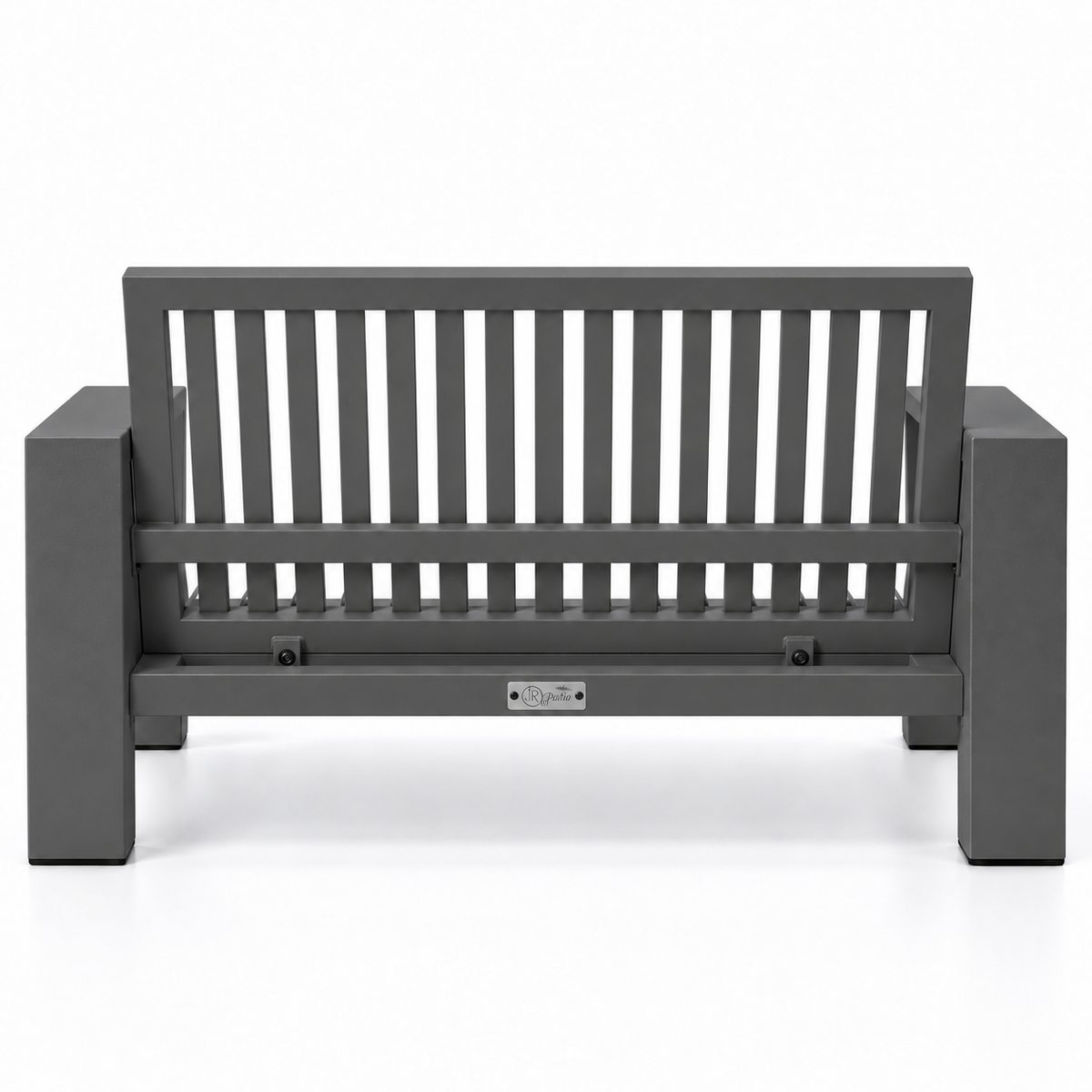 Kai Aluminum Loveseat – Graphite Gray frame without cushions, rear