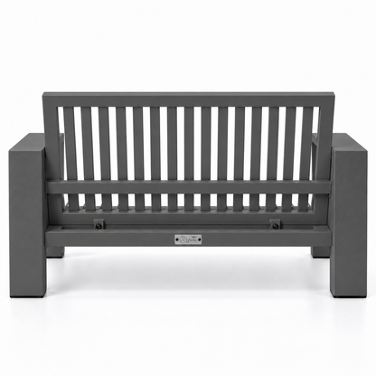 Kai Aluminum Loveseat – Graphite Gray frame without cushions, rear