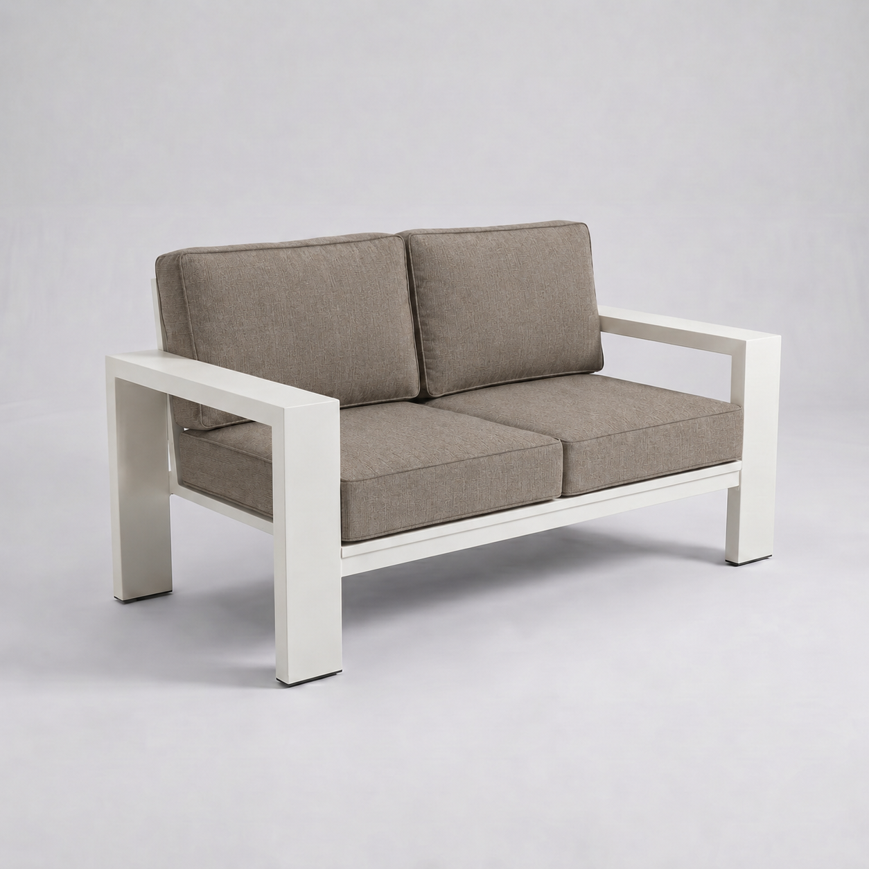 Kai Aluminum Loveseat – Beige frame – Sunbrella 40432 Cast Shale