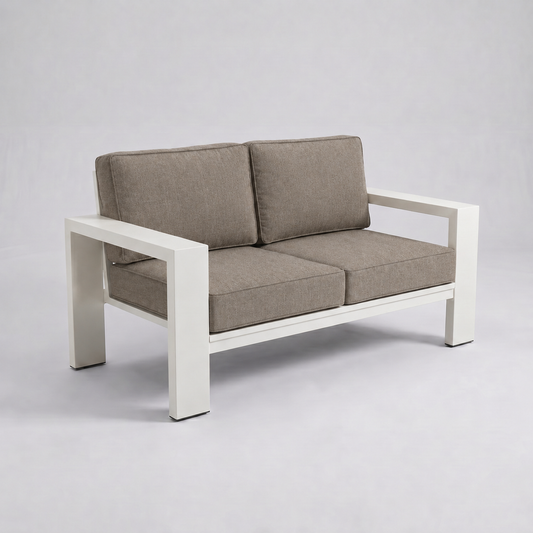 Kai Aluminum Loveseat – Beige frame – Sunbrella 40432 Cast Shale