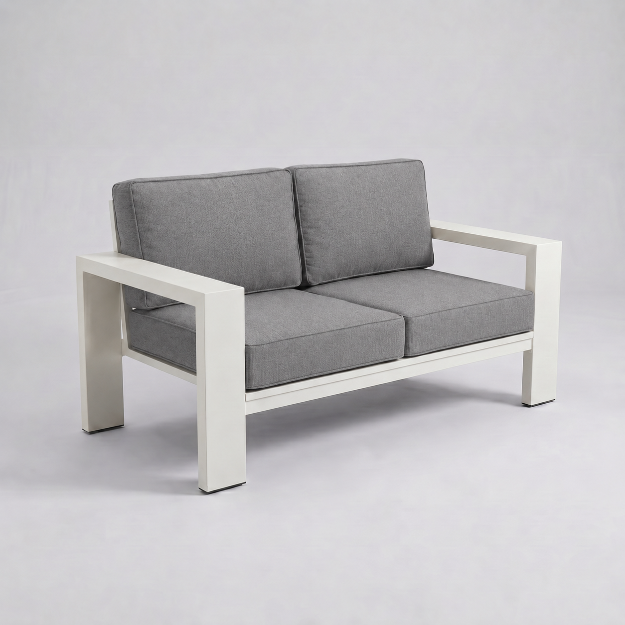 Kai Aluminum Loveseat – Beige frame – Sunbrella 40434 Cast Slate