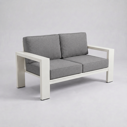 Kai Aluminum Loveseat – Beige frame – Sunbrella 40434 Cast Slate