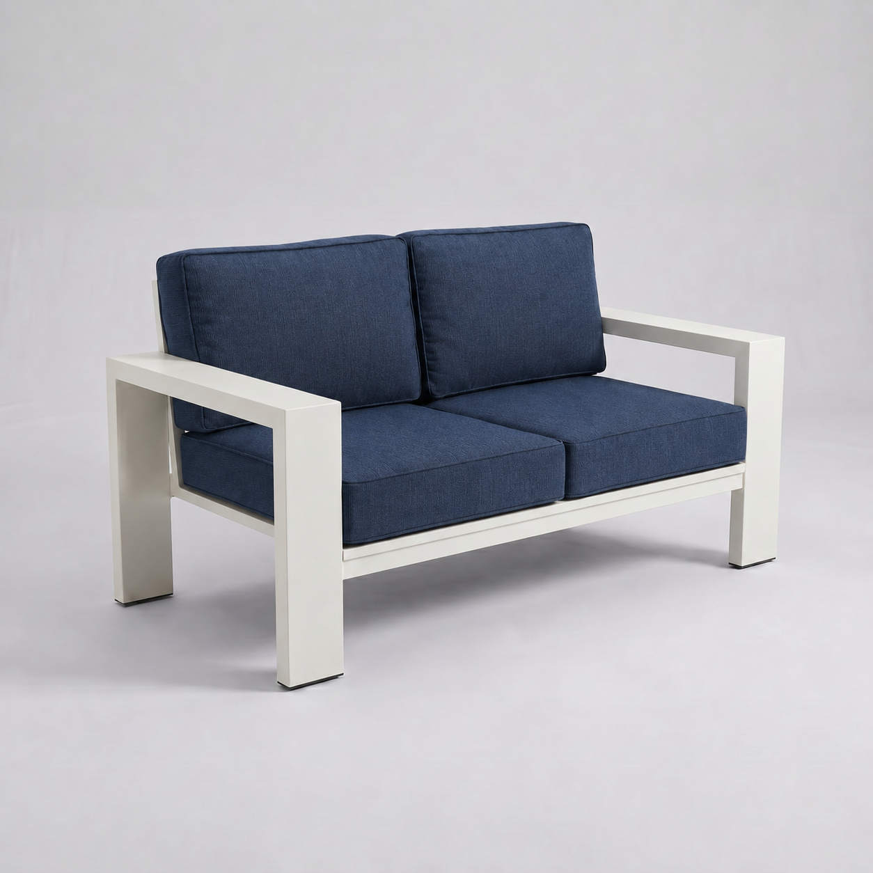 Kai Aluminum Loveseat – Beige frame – Sunbrella 48085 Spectrum Indigo