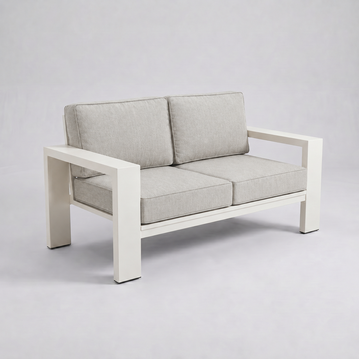 Kai Aluminum Loveseat – Beige frame – Sunbrella 5402 Canvas Granite