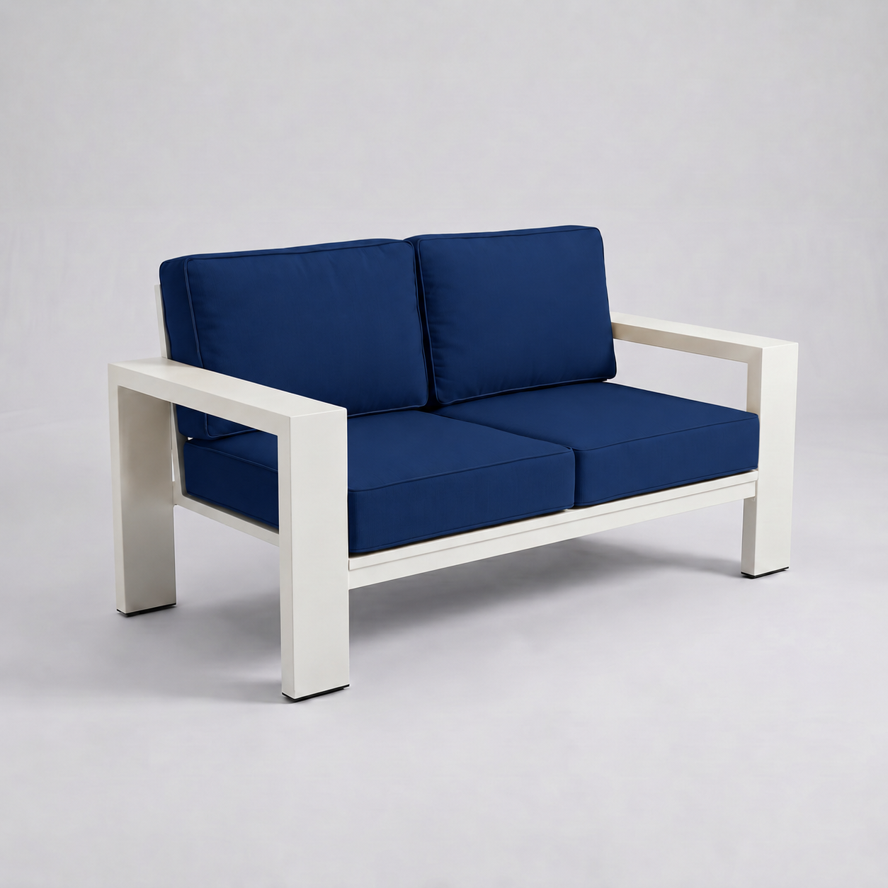 Kai Aluminum Loveseat – Beige frame – Sunbrella 5439 Canvas Navy