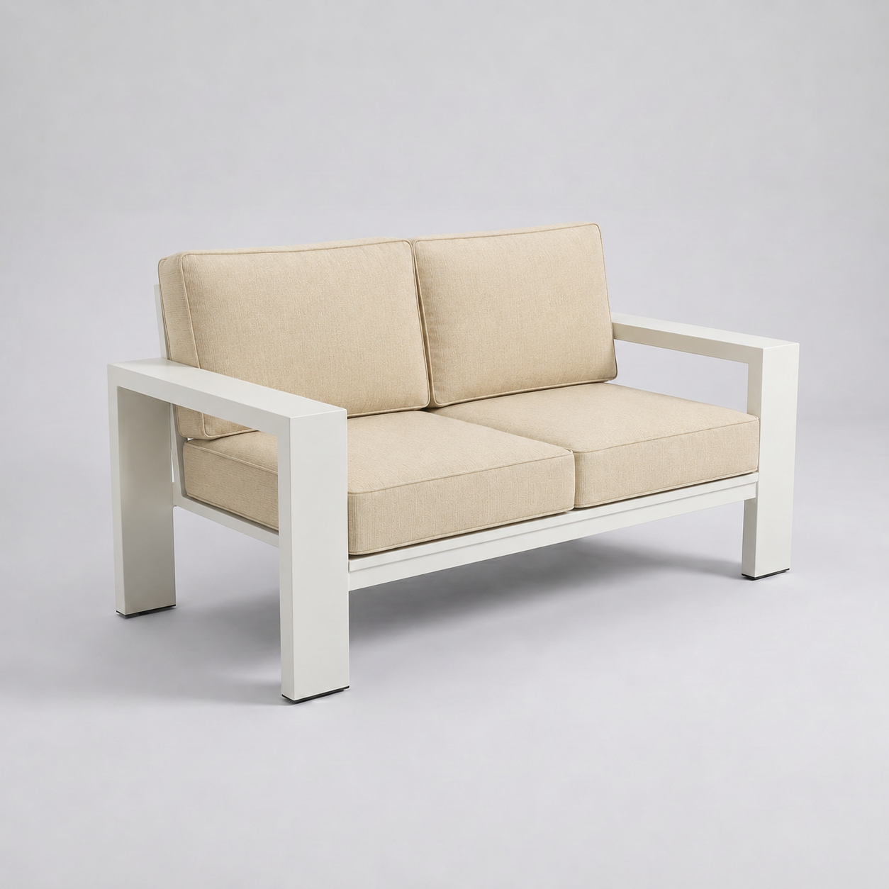 Kai Aluminum Loveseat – Beige frame – Sunbrella 5492 Canvas Flax