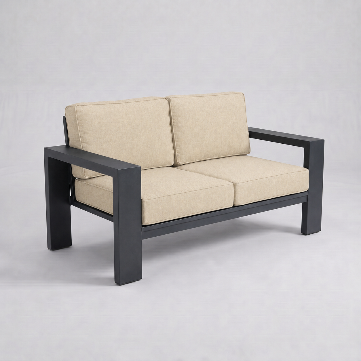 Kai Aluminum Loveseat – Graphite Gray frame – Sunbrella 5492 Canvas Flax