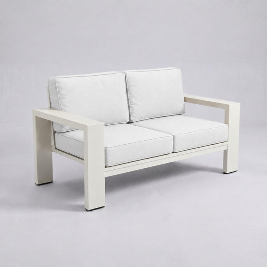Kai Aluminum Loveseat – Beige in Olefin White | Jr's Patio San Diego
