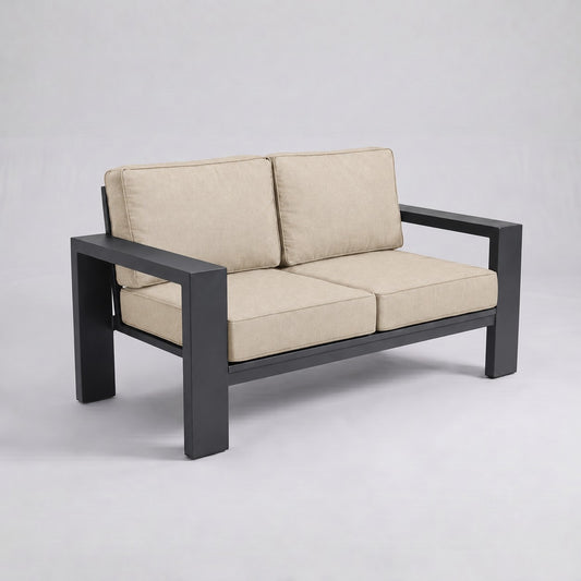 Kai Aluminum Loveseat – Graphite Gray in Olefin Beige | Jr's Patio San Diego