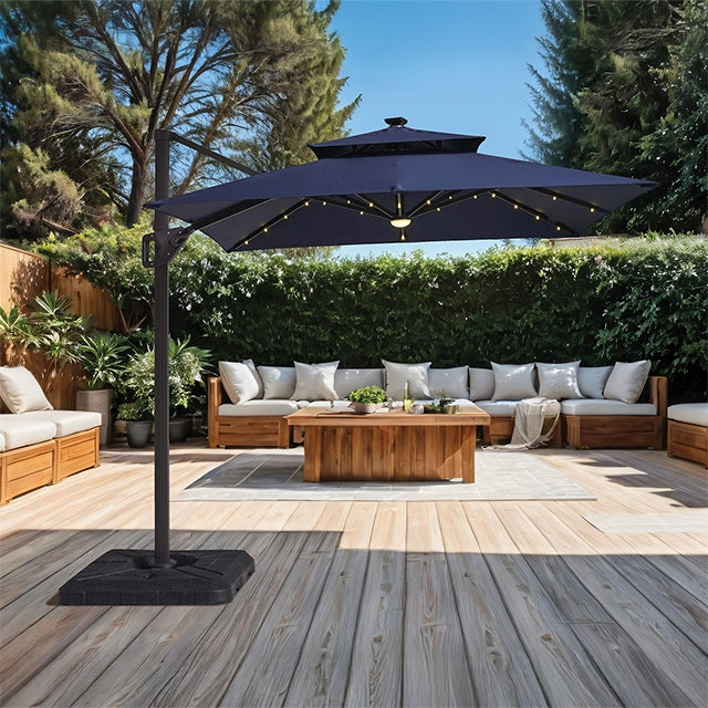 Xico 8 Ft Square Umbrella W/ Double Top W/ LED Light + 37" Large Base - JRS Patio