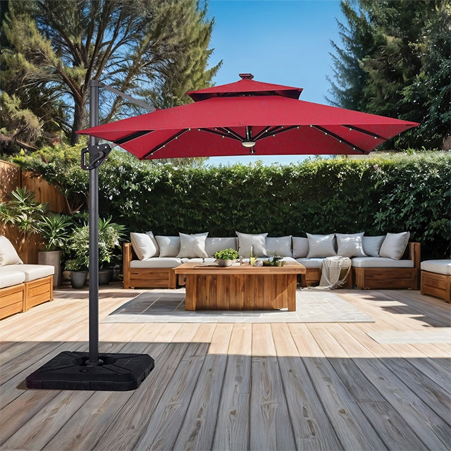 Xico 8 Ft Square Umbrella W/ Double Top W/ LED Light + 37" Large Base - JRS Patio