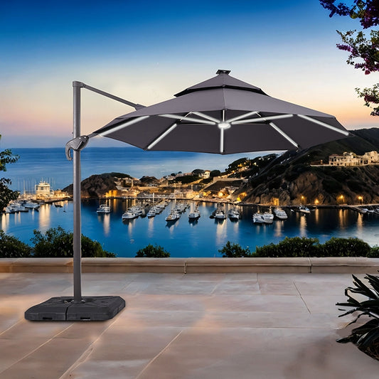 Fera 10 Ft Round Umbrella W/ LED Bulb + 37" Large Base - JRS Patio