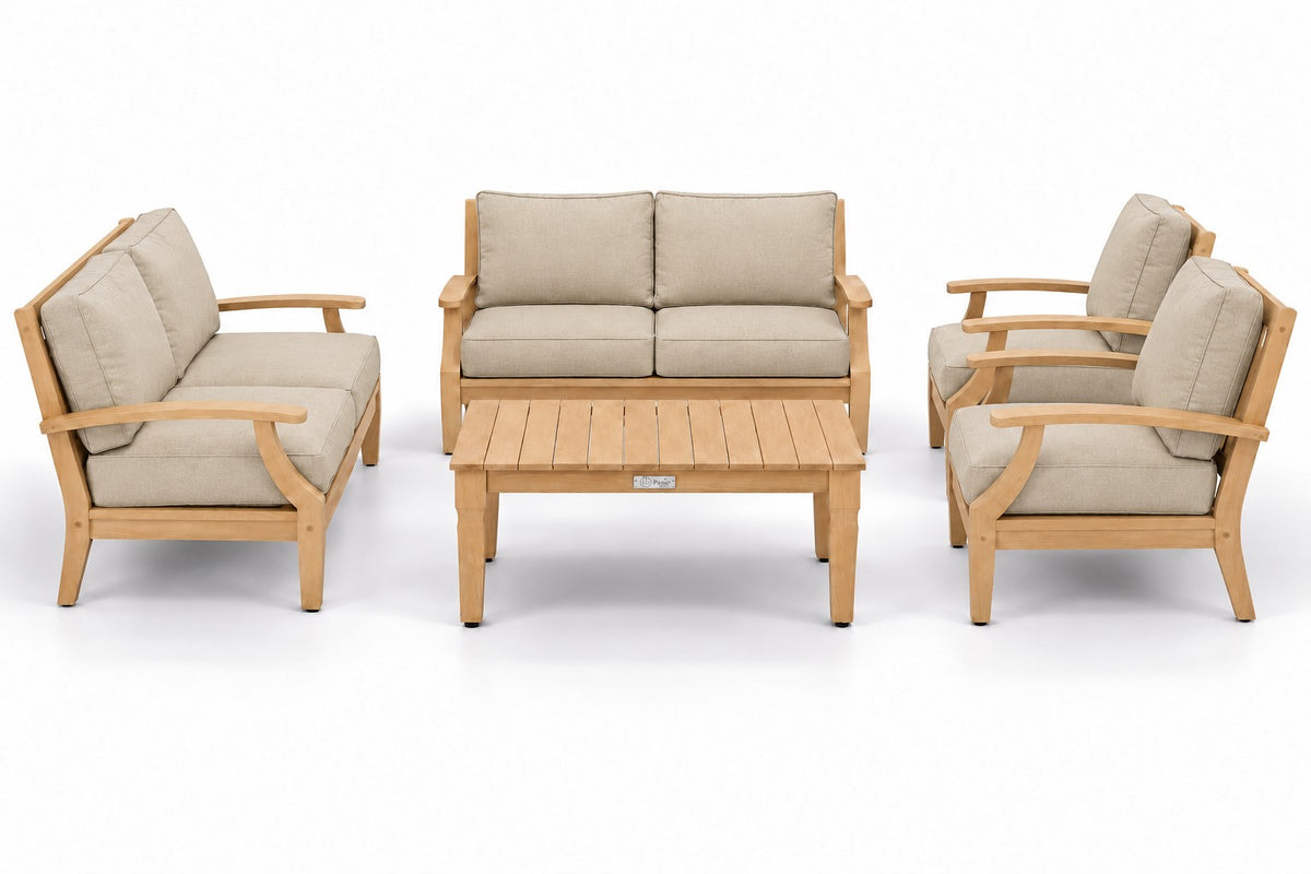 Mila Teak Outdoor Loveseat Conversation Set – 5 Piece in Olefin Beige | Jr's Patio San Diego