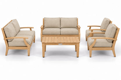 Mila Teak Outdoor Loveseat Conversation Set – 5 Piece in Olefin Beige | Jr's Patio San Diego