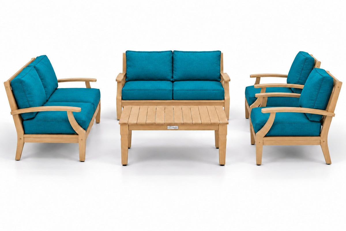 Mila Teak Outdoor Loveseat Conversation Set – 5 Piece in Olefin Blue & Green | Jr's Patio San Diego
