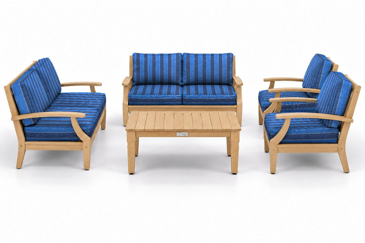 Mila Teak Outdoor Loveseat Conversation Set – 5 Piece in Olefin Blue Stripe | Jr's Patio San Diego