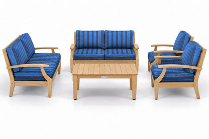 Mila Teak Outdoor Loveseat Conversation Set – 5 Piece in Olefin Blue Stripe | Jr's Patio San Diego
