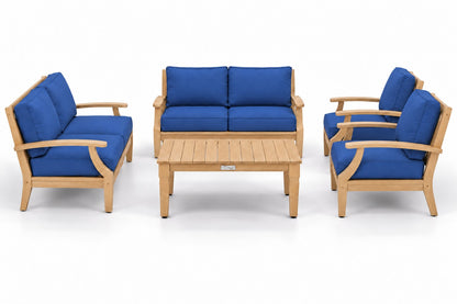 Mila Teak Outdoor Loveseat Conversation Set – 5 Piece in Olefin Blue | Jr's Patio San Diego