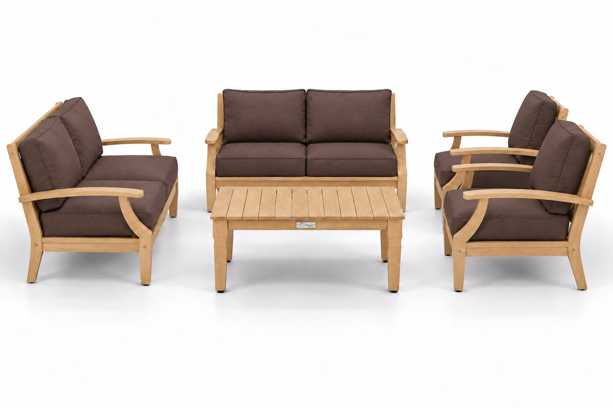 Mila Teak Outdoor Loveseat Conversation Set – 5 Piece in Olefin Dark Brown | Jr's Patio San Diego