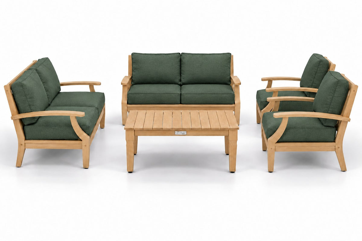 Mila Teak Outdoor Loveseat Conversation Set – 5 Piece in Olefin Dark Green | Jr's Patio San Diego
