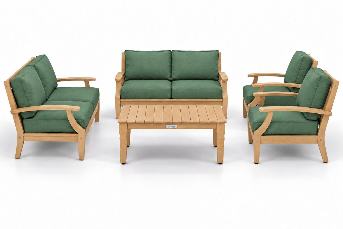 Mila Teak Outdoor Loveseat Conversation Set – 5 Piece in Olefin Green | Jr's Patio San Diego