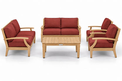 Mila Teak Outdoor Loveseat Conversation Set – 5 Piece in Olefin Red | Jr's Patio San Diego