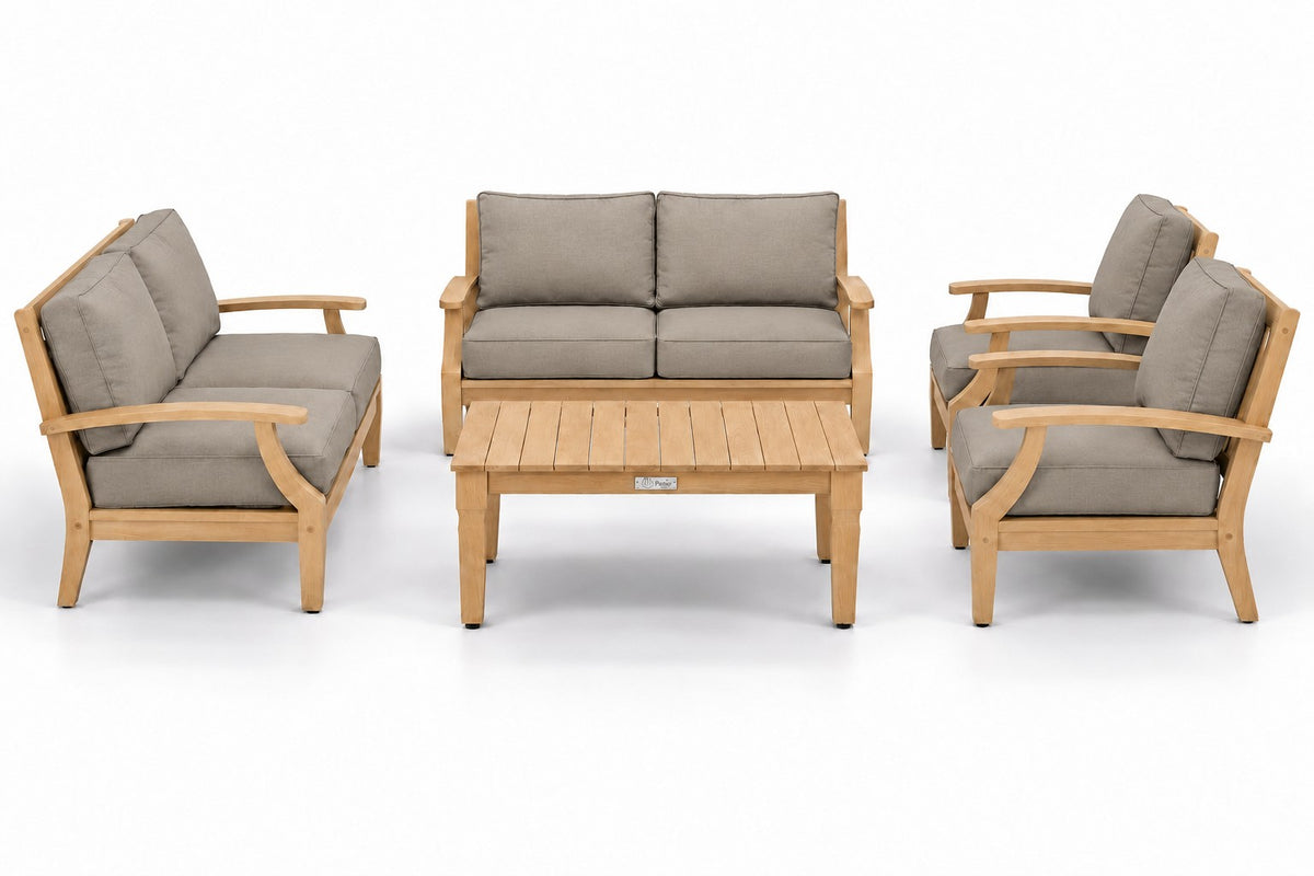 Mila Teak Outdoor Loveseat Conversation Set – 5 Piece in Olefin Tan & Brown | Jr's Patio San Diego