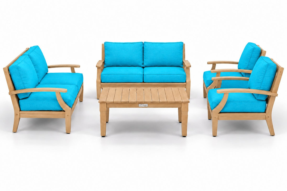 Mila Teak Outdoor Loveseat Conversation Set – 5 Piece in Olefin Turquoise | Jr's Patio San Diego