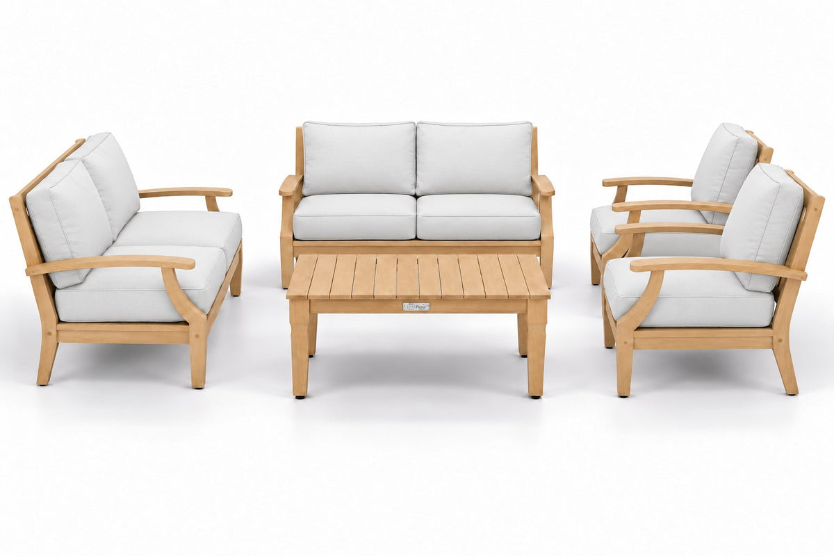 Mila Teak Outdoor Loveseat Conversation Set – 5 Piece in Olefin White | Jr's Patio San Diego