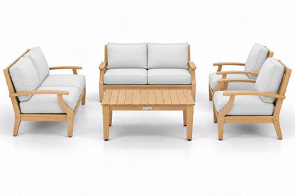Mila Teak Outdoor Loveseat Conversation Set – 5 Piece in Olefin White | Jr's Patio San Diego